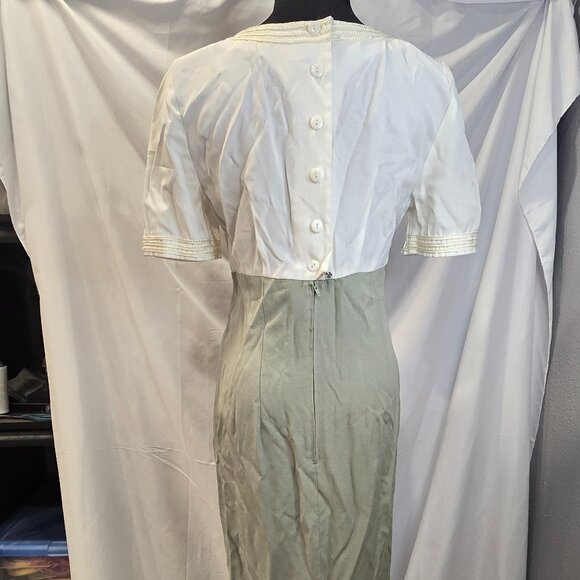Vintage M.H.M Melissa Harper Dress Size Medium Green & Ivory Rayon & Poly - Picture 13 of 16